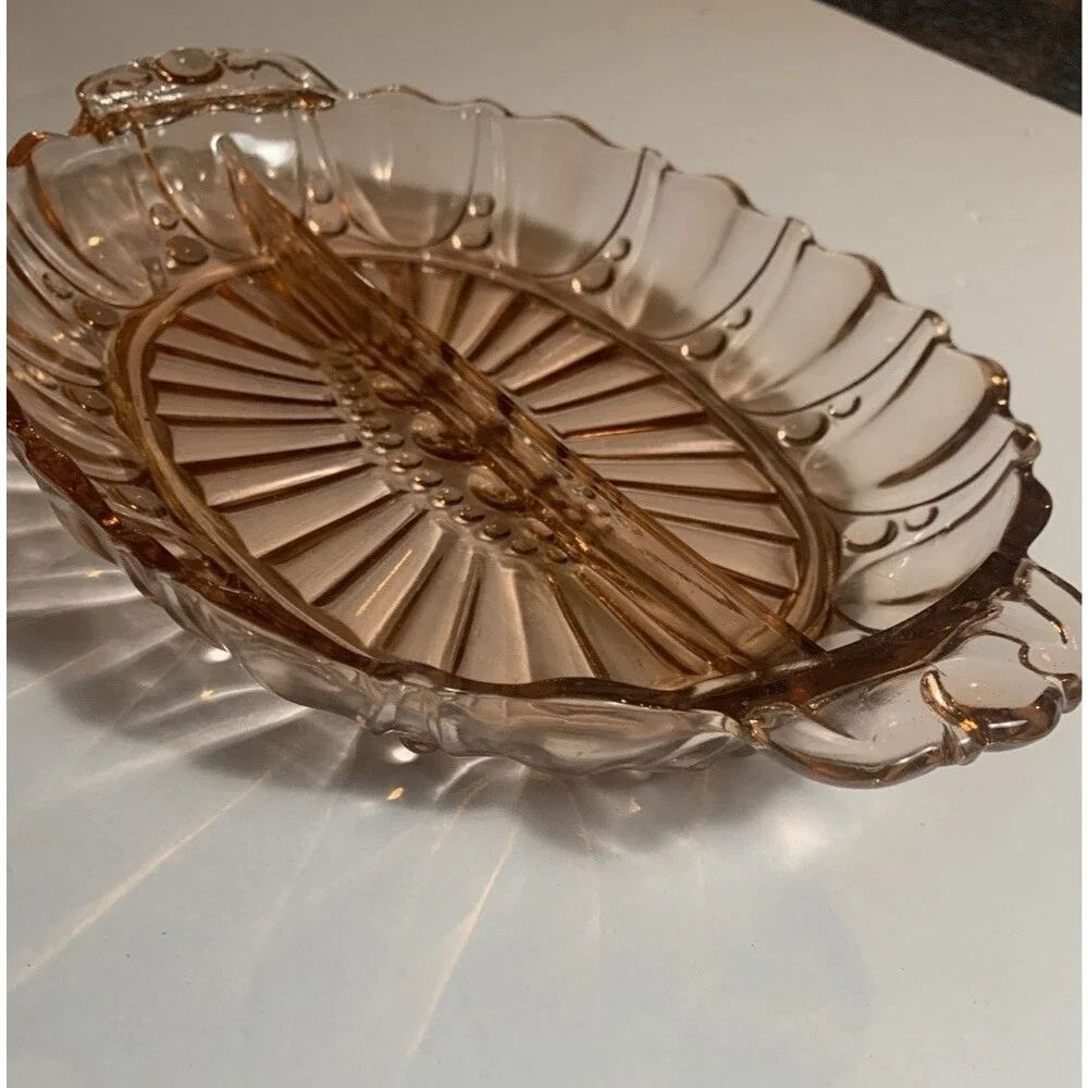 VINTAGE Hocking Depression Glass PINK Serving / Relish Bowl Dish Oyster & Pearl